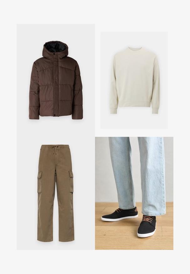 Brūna pūkaina jaka ar kapuci, ar quilted struktūru, priekšējo spiedpogu aizdari un sānu kabatām. Oderēta ar melnu audumu.; Gaišs bežs džemperis, kas izgatavots no mīkstas auduma, ar noapaļotu kakla izgriezumu, garām piedurknēm un ribotām aprocēm un apakšmalu. Minimālistisks dizains, bez redzamām rakstām.; GAP BAGGY CARGO PULL ON - Armijas stila bikses - mud; Melnas auduma čības ar brūniem akcentiem, baltām gumijas zolēm un brūnām šņorēm, kombinētas ar gaiši ziliem taisnajiem džinsiem. Koka grīdas fons.