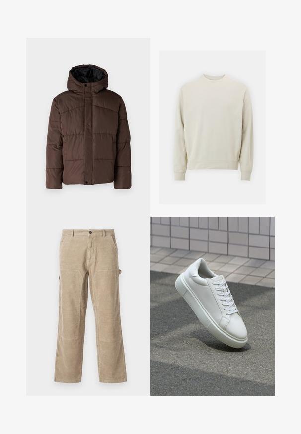 Veste matelassée marron avec capuche, présentant une texture matelassée, une fermeture à pression à l'avant et des poches latérales. Doublée de tissu noir.; Sweatshirt beige clair en tissu doux avec un col rond, des manches longues et des poignets et un ourlet côtelés. Design minimaliste, sans motifs visibles.; Pantalon en velours côtelé beige avec une jambe droite, doté de poches latérales et de renforts aux genoux. Tissu texturé avec des cannelures verticales.; Baskets en cuir blanc avec une surface lisse, bout rond et lacets plats blancs. Présentent une semelle en caoutchouc texturée et des éléments de design minimalistes.