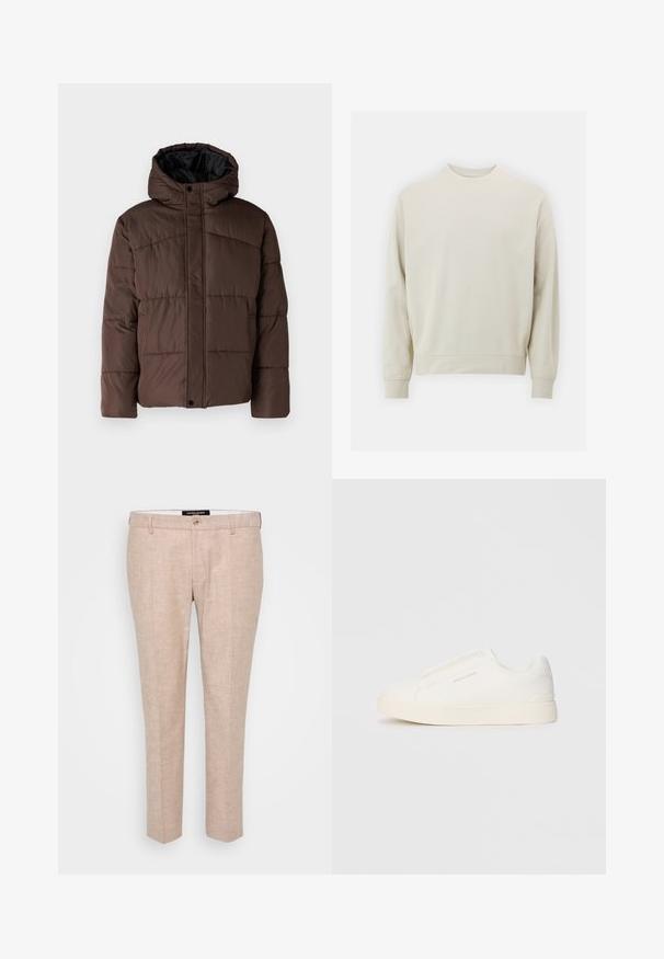 Giacca imbottita marrone con cappuccio, caratterizzata da una texture trapuntata, chiusura frontale con bottoni a pressione e tasche laterali. Foderata in tessuto nero.; Felpa beige chiaro realizzata in morbido tessuto con collo rotondo, maniche lunghe e polsini e orlo a costine. Design minimalista, senza motivi visibili.; Pantaloni beige chiaro realizzati in tessuto misto lino, con fronte piatto, passanti per cintura e chiusura a uno bottone. Design a gamba dritta su misura.; Sneakers bianchi slip-on con superficie texturizzata, suola spessa e design minimalista. Presentano il logo del marchio sul lato.