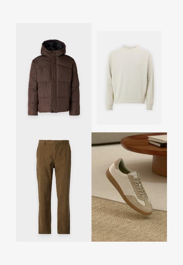 Rjava podložena jakna s kapuco, z nagubanimi teksturami, sprednjim zapiranjem na zaponko in stranskimi žepi. Oblazinjena z črno tkanino.; Svetlo bež sweatshirt iz mehkega blaga s krožnim izrezom, dolgimi rokavi ter rebrastimi manšetami in robom. Minimalističen dizajn, brez vidnih vzorcev.; Rjave kordnoj hlače s ravnim krojem, ki imajo vertikalne rebrice, z gumbom spredaj in stranskimi žepi za dodatno uporabnost.; Lahki športni copat z belim usnjenim zgornjim delom in bež semiš poudarki, okroglo nosnico ter teksturiranim rjavim gumijastim podplatom.
