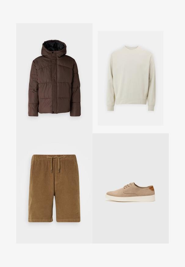 Giacca imbottita marrone con cappuccio, caratterizzata da una texture trapuntata, chiusura frontale con bottoni a pressione e tasche laterali. Foderata in tessuto nero.; Felpa beige chiaro realizzata in morbido tessuto con collo rotondo, maniche lunghe e polsini e orlo a costine. Design minimalista, senza motivi visibili.; Shorts in velluto a coste marroni con vita elasticizzata e cordino, caratterizzati da una vestibilità dritta e orli risvoltati. Design semplice, tessuto testurizzato.; Sneaker in suede beige con punta arrotondata, stringhe davanti e un accento testurizzato sul retro. La suola in gomma bianca offre un contrasto. Design semplice e moderno.