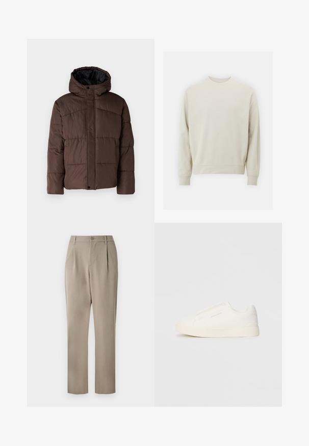 Brun polstret jakke med hætte, der har en quiltet tekstur, frontlukkede tryknapper og sidelommer. Foret med sort stof.; Lys beige sweatshirt lavet af blødt stof med rund hals, lange ærmer og ribbede manchetter og kant. Minimalistisk design uden synlige mønstre.; Khaki bukser med lige ben, der har en knaplukning og plisseret foran. Fremstillet af glat stof med mat finish.; Hvide slip-on sneakers med en struktureret overflade, en tyk sål og et minimalistisk design. Har brandlogoet på siden.