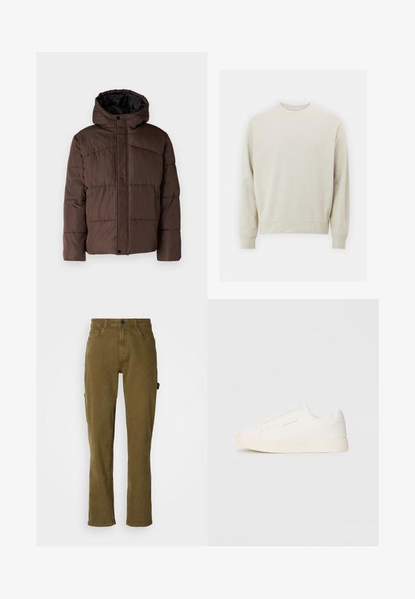 Brūna pūkaina jaka ar kapuci, ar quilted struktūru, priekšējo spiedpogu aizdari un sānu kabatām. Oderēta ar melnu audumu.; Gaišs bežs džemperis, kas izgatavots no mīkstas auduma, ar noapaļotu kakla izgriezumu, garām piedurknēm un ribotām aprocēm un apakšmalu. Minimālistisks dizains, bez redzamām rakstām.; Olīvzaļas kokvilnas bikses ar taisnu piegriezumu, kas aprīkotas ar priekšējo pogu aizdari un sānu kabatām. Gluda tekstūra un tīrs dizains.; Baltas slip-on sporta apavi ar teksturētu virsmu, biezu zoli un minimālistisku dizainu. Sānos redzams zīmola logotips.