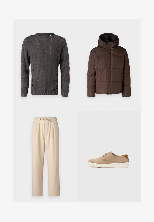 Braune gepolsterte Jacke mit Kapuze, mit gestepptem Muster, vorderem Druckknopfverschluss und seitlichen Taschen. Futter aus schwarzem Stoff.; Dunkelgrauer, gestrickter Pullover mit unterschiedlichen strukturierten Mustern, langen Ärmeln und Rundhalsausschnitt. Gerippter Saum und Bündchen runden das Design ab.; Beige Hose mit einem elastischen Bund und Kordelzug, geradem Bein und weichem, glattem Stoffgefühl.; Beige Wildleder-Sneaker mit runder Zehenpartie, Schnürung und strukturiertem Rückenteil. Die weiße Gummisohle sorgt für einen Kontrast. Einfaches und modernes Design.
