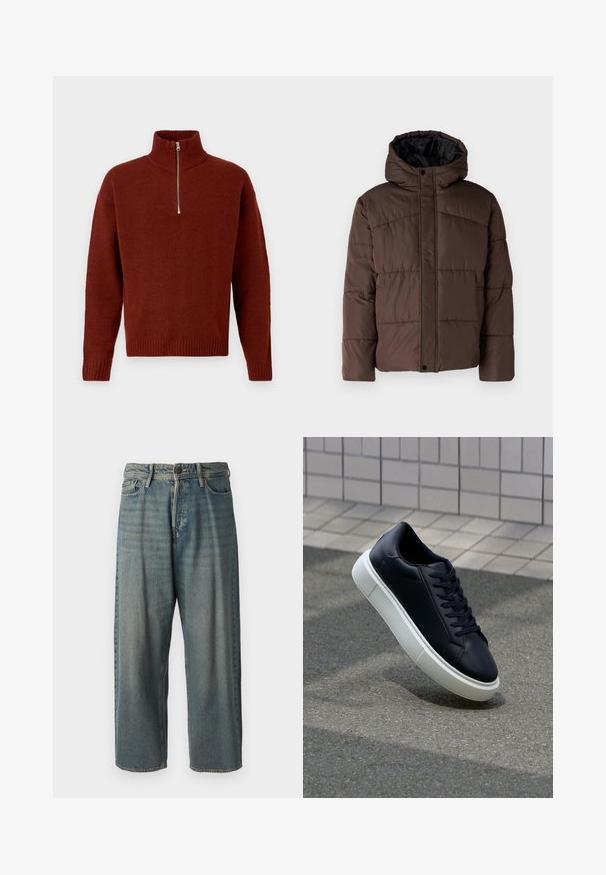 Giacca imbottita marrone con cappuccio, caratterizzata da una texture trapuntata, chiusura frontale con bottoni a pressione e tasche laterali. Foderata in tessuto nero.; Jack & Jones JOROLLIE HALF ZIP - Maglione - dark brown; Jeans di denim azzurro chiaro con vestibilità ampia, vita media e gambe dritte. Presenta cinque tasche, passanti per cintura e chiusura con bottone.; Sneaker in pelle nera con punta arrotondata e suola in gomma bianca. Presenta lacci piatti e cuciture minime sulla parte superiore. Suola testurizzata per una migliore aderenza.