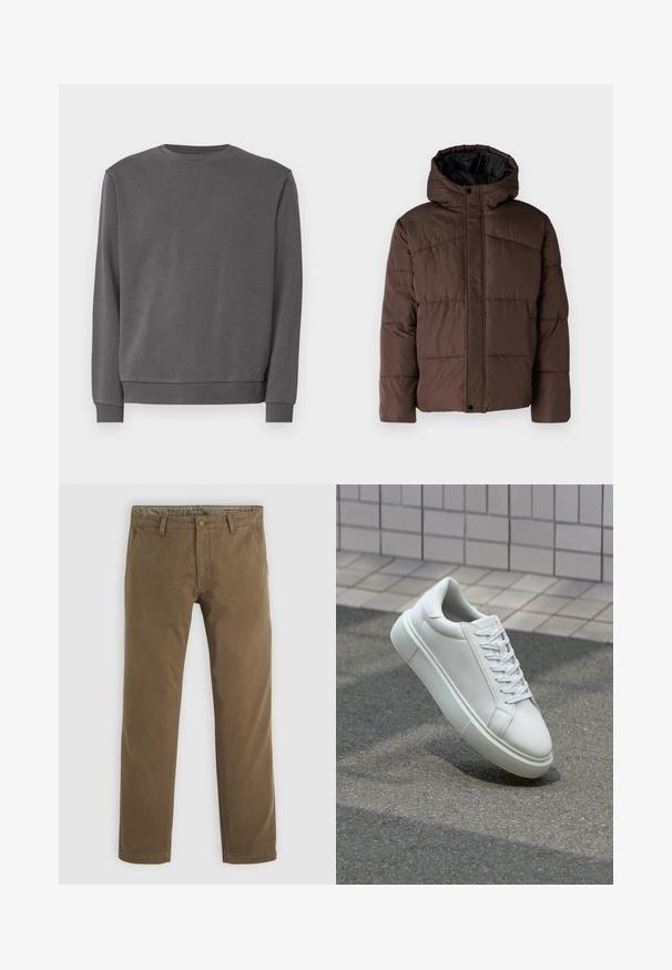 Braune gepolsterte Jacke mit Kapuze, mit gestepptem Muster, vorderem Druckknopfverschluss und seitlichen Taschen. Futter aus schwarzem Stoff.; Grauer Pullover aus weicher Baumwollmischung, mit rundem Halsauschnitt, langen Ärmeln und gerippten Bündchen und Saum. Glatte Textur, ohne Muster.; Khakifarbene Baumwollhose mit geradem Bein, ausgestattet mit einem Knopfverschluss, zwei vorderen Taschen und einer glatten Textur.; Weiße Leder-Sneaker mit glatter Oberfläche, runder Zehenpartie und flachen weißen Schnürsenkeln. Verfügt über eine strukturierte Gummisohle und minimalistische Designelemente.