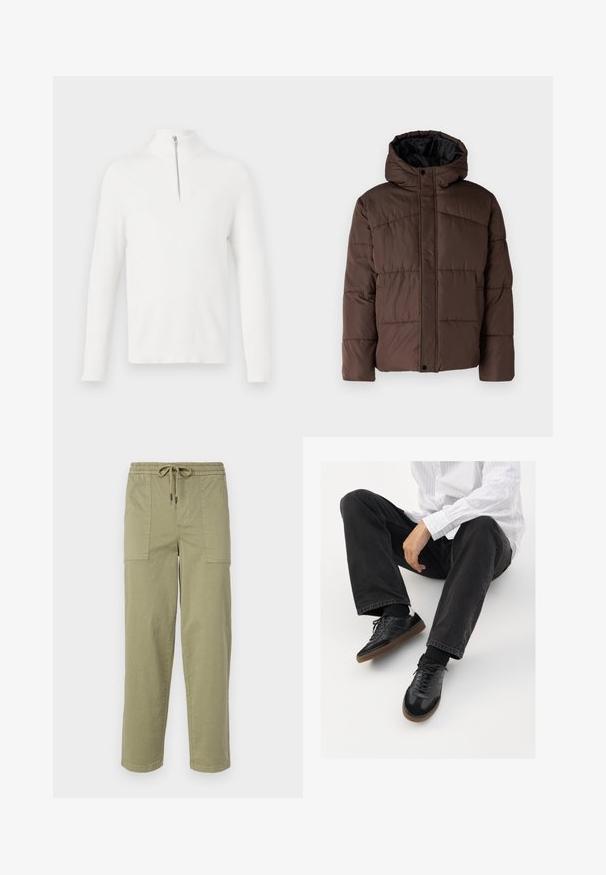 Giacca imbottita marrone con cappuccio, caratterizzata da una texture trapuntata, chiusura frontale con bottoni a pressione e tasche laterali. Foderata in tessuto nero.; Pullover bianco a coste con maniche lunghe e collo alto. Dotato di una dettagli zip anteriore argentata. Texture morbida e forma aderente.; Pantaloni verde oliva chiaro realizzati in tessuto misto cotone, con una vita elasticizzata e cordoncino, e due ampie tasche laterali.; Sneaker nere con una tomaia liscia e testurizzata, con suola in gomma e lacci scuri. Abbinati a jeans neri e una camicia bianca a righe.