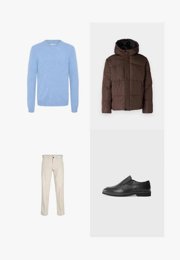 Rudas paminkštas džemperis su gobtuvu, turintis siuvinėtą tekstūrą, priekyje užsegamas mygtukais ir su šoniniais kišenėmis. Iš vidaus pamuštas juoda medžiaga.; Švelni šviesiai mėlyna megztinė su apykakle ir ilgomis rankovėmis, su raukiniais ant rankovių ir apatinio krašto, pagaminta iš plono megztinio audinio.; Bežinės medvilninės kelnės su tiesiu siluetu, mygtukų užtrauktuku, priekinėmis kišenėmis ir siūlėmis. Lygus audinys, minimalus dekoravimas ir be raštų.; Juodai odiniai įtvirtinimo batai su lygiu paviršiumi, siuvinėjimo akcentais, apvalia nosimi ir žemu guminiu kulnu. Pado raštas minimalus.