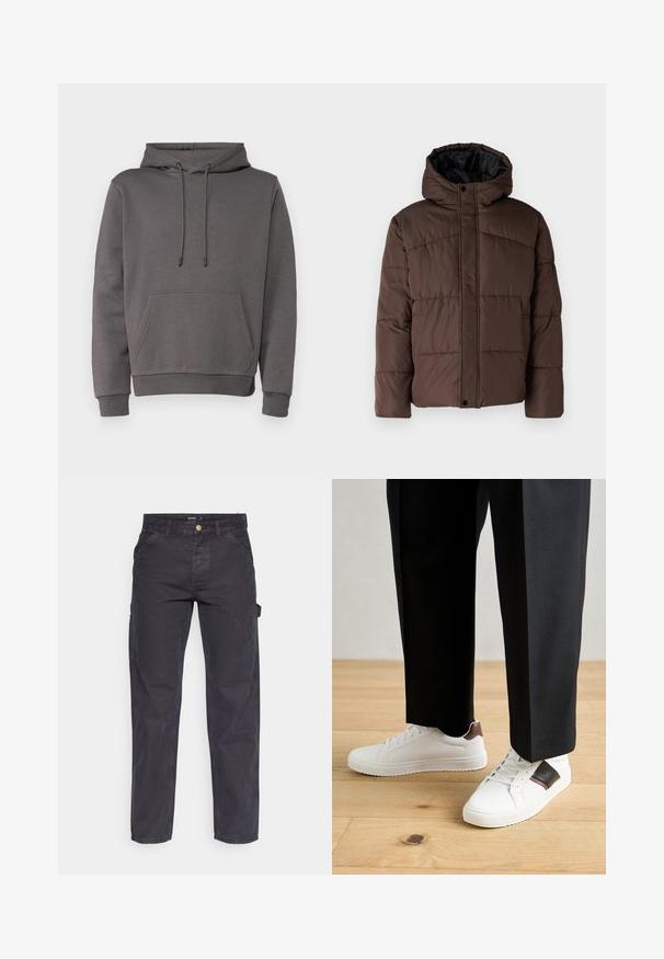 Brun polstret jakke med hette, med flettestruktur, frontlås med trykknapper og sidelommer. Fôret med svart stoff.; Grå hettegenser laget av mykt materiale, med kengurulomme, justerbar snorhette og ribbestrikkede mansjetter og hem. ; Mørkegrå cargo bukser laget av slitesterkt stoff, med rett benklipp, fem lommer og knapplukking i livet.; Hvite sneakers med glatt tekstur, med brune skinnakenter og svart detaljer, parret med svarte skreddersydde bukser. Bakgrunn med tregulv.