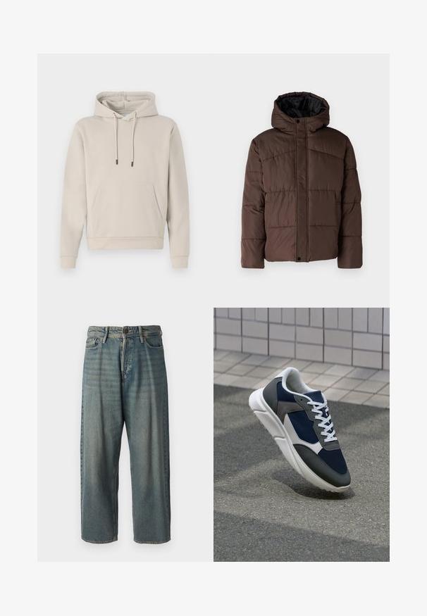 Brown padded jacket with a hood, featuring quilted texture, front snap closure, and side pockets. Lined with black fabric.; Hooded sweatshirt in light beige, featuring a front pocket, drawstrings, and ribbed cuffs. Made from soft, smooth fabric with a relaxed fit.; Light blue denim jeans with a loose fit, mid-rise waist, and straight legs. Features five pockets, belt loops, and a button closure.; Sneaker featuring a navy blue mesh upper, gray suede accents, white rubber sole, and flat white laces, designed for comfort and breathability.