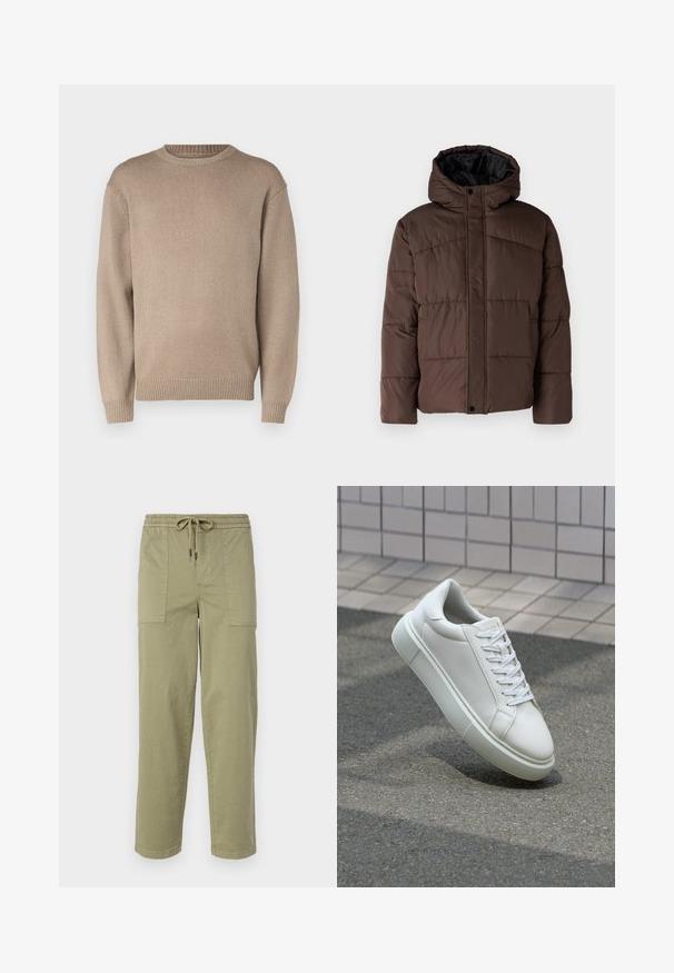 Giacca imbottita marrone con cappuccio, caratterizzata da una texture trapuntata, chiusura frontale con bottoni a pressione e tasche laterali. Foderata in tessuto nero.; Maglione beige lavorato a maglia con colletto rotondo, maniche lunghe e polsini e orlo a coste; texture liscia con un motivo uniforme.; Pantaloni verde oliva chiaro realizzati in tessuto misto cotone, con una vita elasticizzata e cordoncino, e due ampie tasche laterali.; Sneaker bianco in pelle con superficie liscia, punta rotonda e lacci piatti bianchi. Presenta una suola in gomma texturizzata e un design minimale.