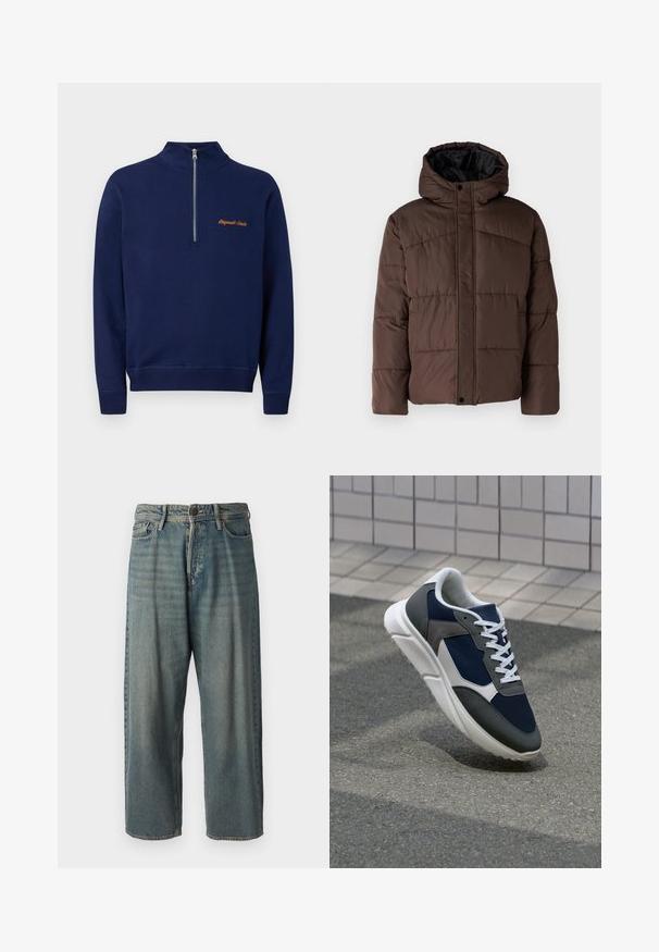 Brown padded jacket with a hood, featuring quilted texture, front snap closure, and side pockets. Lined with black fabric.; Navy blue pullover sweatshirt with a quarter-zip collar and "Originals Studio" embroidered in orange on the chest.; Light blue denim jeans with a loose fit, mid-rise waist, and straight legs. Features five pockets, belt loops, and a button closure.; Sneaker featuring a navy blue mesh upper, gray suede accents, white rubber sole, and flat white laces, designed for comfort and breathability.