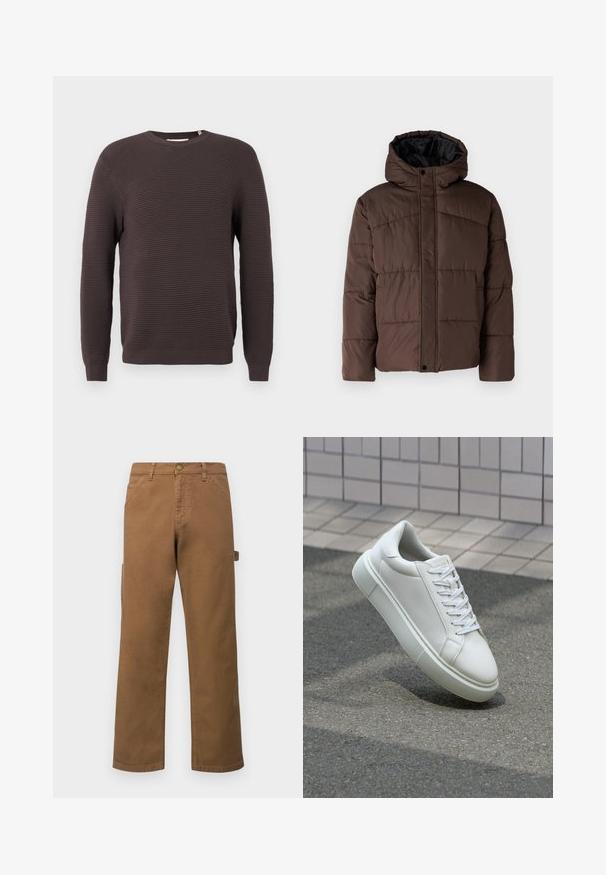 Pruun pehme vooder, millel on kapuuts, koos tikandsurvel tekstuuriga, eesnepp sulgemine ja küljetaskud. Vooder musta kangaga.; Tumepruun soonikuga ribakudumistega kreeknekk-sweater, millel on pikad varrukad ja istuvad mansetid.; Pruunid puuvillased cargo-püksid sirgete jalgega, küljetaskute ja metallnööbiga vööl. Sile tekstuur ja lõdvestunud disain.; Valge nahkline sneka, millel on sile pind, ümar varvas ja lame valge pael. Omab tekstuuriga kummist talla ja minimaalset kujunduselementi.