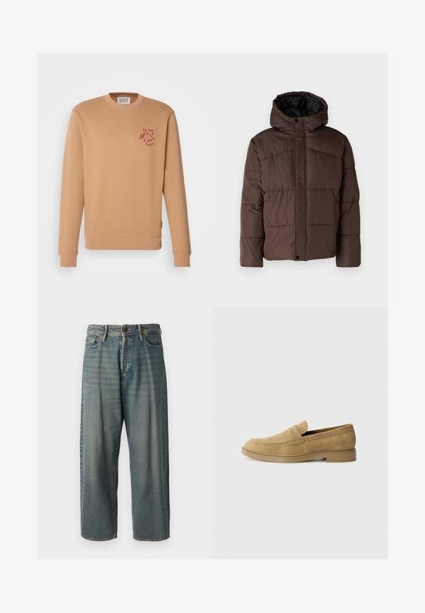 Brown padded jacket with a hood, featuring quilted texture, front snap closure, and side pockets. Lined with black fabric.; Beige crewneck sweatshirt made of soft cotton material. Features a small red logo on the left chest and ribbed cuffs and hem.; Light blue denim jeans with a loose fit, mid-rise waist, and straight legs. Features five pockets, belt loops, and a button closure.; Tan suede loafers with a rounded toe, low block heel, and stitched detailing on the upper. Smooth texture and minimalistic design.