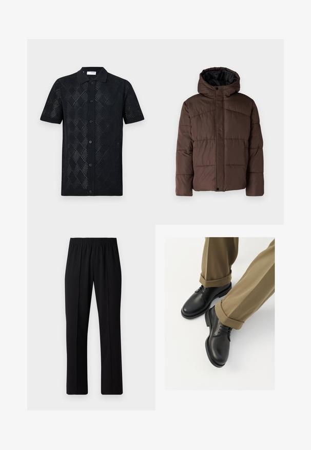 Pruun pehme vooder, millel on kapuuts, koos tikandsurvel tekstuuriga, eesnepp sulgemine ja küljetaskud. Vooder musta kangaga.; Must kingad lühikeste varrukatega polo särk, millel on teemantmustritega kootud disain, krae ja nööbist ette rips.; Mustad, elastse puusärgid sirge säärega, mis on sileda tekstuuriga ja ilma nähtavate mustrite või riistadega.; Mustad mustad naha kingad, millel on sile viimistlus, sidemed ja ümar nina, on kombineeritud üleskeeratud khaki pükstega.