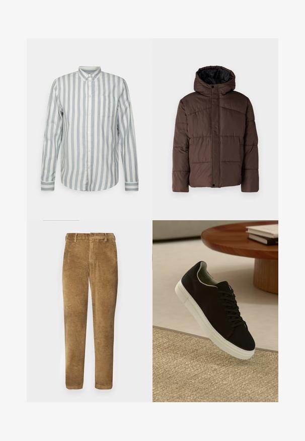 Bruine gewatteerde jas met capuchon, met een doorstikte structuur, voorzijde met drukknoopsluiting en zijzakken. Voering van zwarte stof.; Overhemd met knopen in lichtblauw en crèmekleurige strepen. Heeft een klassieke kraag, lange mouwen en een borstzak. Zacht materiaal, comfortabele pasvorm.; Bruine corduroybroek met verticale ribbeltextuur, rechte snit, knoopsluiting en riemlussen. Gladde stof met een zachte afwerking.; Zwarte sneaker met witte zool die boven een beige gestructureerd tapijt zweeft, nabij een ronde houten tafel met gestapelde boeken.