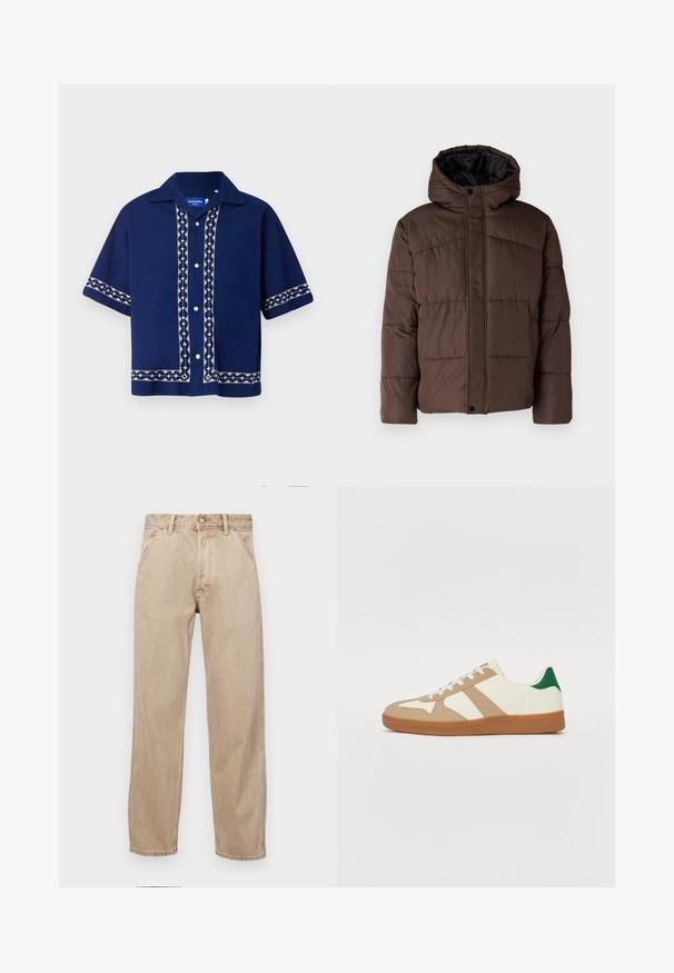 Brūna pūkaina jaka ar kapuci, ar quilted struktūru, priekšējo spiedpogu aizdari un sānu kabatām. Oderēta ar melnu audumu.; Jūras spēku īsām piedurknēm krekls ar baltu izšūtu rakstu priekšpusē, apkaklē un piedurknēs. Ar pogām aizdarāms dizains ar brīvu piegriezumu.; Beige džinsi ar taisnu kāju dizainu, ar priekšējiem kabatām, metāla pogu aizdari un smalku faktūru.; Sneakers ar baltu ādas augšdaļu, brūniem zamša akcentiem, zaļo papēža akcentu un teksturētu gumijas zoli. Iezīmē trīs brūnas svītras.