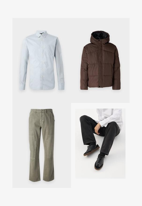 Brūna pūkaina jaka ar kapuci, ar quilted struktūru, priekšējo spiedpogu aizdari un sānu kabatām. Oderēta ar melnu audumu.; Balts zils krekls ar plānām vertikālām svītrām. Aprīkots ar apkakli, garām piedurknēm, kreisajā krūšu kabatā un pogu noformējumu.; Olīvu zaļas bikses no kokvilnas ar taisnu kāju dizainu, ar ribotiem akcentiem uz plāksteru kabatām un kontrastējošu diegu.; Melnas sporta kurpes ar gludu un teksturētu virsu, apgādātas ar gumijas zoli un tumšiem auklām. Saskaņotas ar melniem džinsiem un baltu svītrainu krekls.