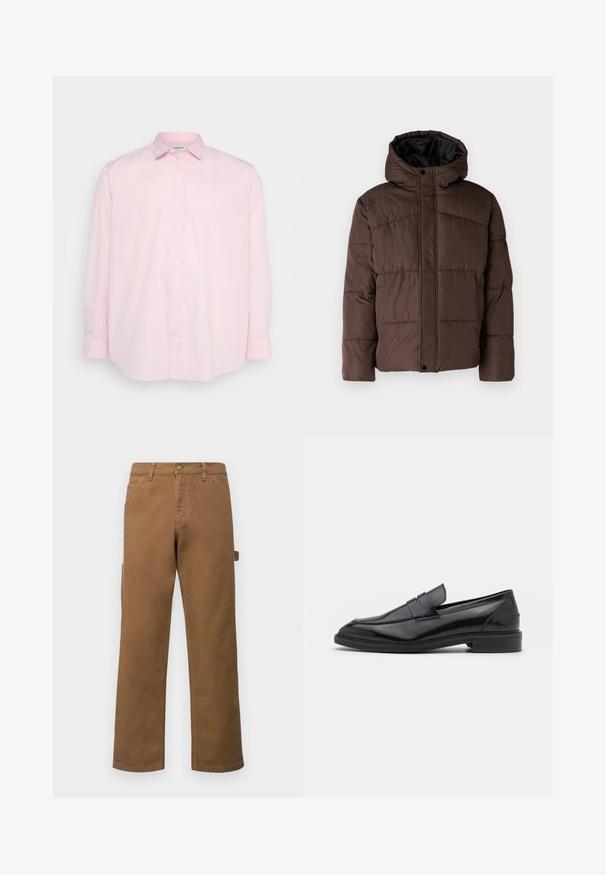 Brown padded jacket with a hood, featuring quilted texture, front snap closure, and side pockets. Lined with black fabric.; Light pink button-up shirt with long sleeves, a standard collar, and white buttons along the front, made from smooth cotton fabric.; Brown cotton cargo pants with straight legs, featuring side pockets and a metal button closure at the waist. Smooth texture and casual design.; Black leather loafers with a smooth finish, featuring a rounded toe and a narrow band across the upper. Low stacked heel.