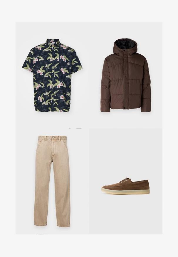 Ruskea vuorattu takki hupulla, jossa on kirjailtu pinta, etupainikkeet ja sivutaskut. Vuorattu mustalla kankaalla.; Paita lyhythihainen nappikiinnityksellä tummansinisellä pohjalla, jossa on kukkakuosi, joka sisältää vaaleanpunaisia kukkia ja vihreitä lehtiä. Valmistettu kevyestä kankaasta, rento malli.; Beige farkkuhousut suoranlahkeisella muotoilulla, joissa on etutaskut, metallinen nappisulku ja hillitty rakenne.; Ruskeat mokkanahkakengät, joissa on matala profiili, nauhakiinnitys, kumipohja ja erottuvat ommellut yksityiskohdat. Yksinkertainen ja toiminnallinen tyyli.