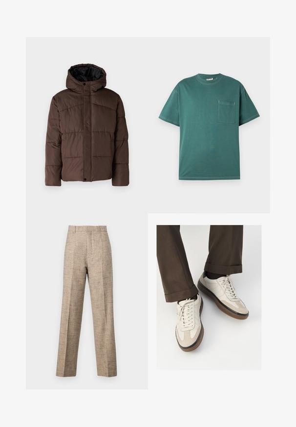 Brūna pūkaina jaka ar kapuci, ar quilted struktūru, priekšējo spiedpogu aizdari un sānu kabatām. Oderēta ar melnu audumu.; Teal krāsas īsām piedurknēm T-krekls ar baltā krāsā vīlēm un kreisajā pusē esošu krūšu kabatu, izlikts uz vienkārša balta fona.; Bēša pielāgotas bikses ar teksturētu audumu, ar taisnu griezumu, priekšu krokām un jostu. Nav redzamu kabatu vai aizdaru.; Beidzī lasi ar strukturētu zamšādu priekšpusi, gludiem ādas sāniem un brūnu gumijas zoli. Iekļauti auklas un viegla šuvuma detaļas.