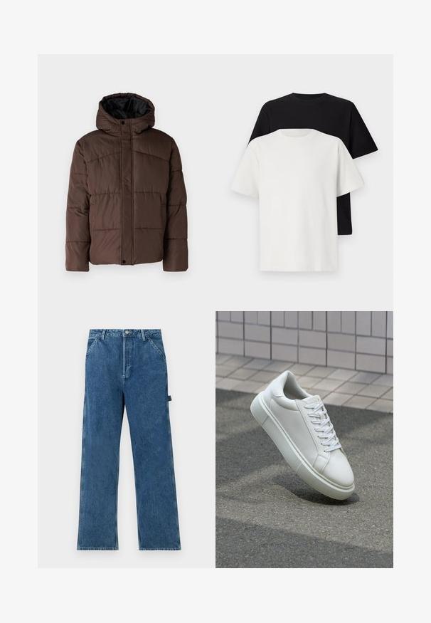 Brūna pūkaina jaka ar kapuci, ar quilted struktūru, priekšējo spiedpogu aizdari un sānu kabatām. Oderēta ar melnu audumu.; Kokvilnas T-kreklu komplekts, kas sastāv no melna un baltā T-krekla, abi ar īsām piedurknēm, apaļu kakla izgriezumu un standarta piegriezumu. Faktūras audums.; Zila denima bikses ar taisnu piegriezumu, kurām ir augsts viduklis, piecu kabatu dizains un viegla izbalēšana audumā.; Baltas ādas sporta apavi ar gludu virsmu, apaļu pirkstu un plakanām baltām šņorēm. Iezīmējas ar strukturētu gumijas zoli un minimālisma dizaina elementiem.