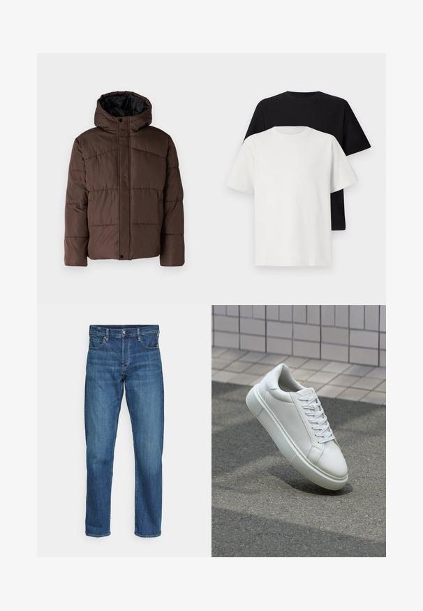 Rjava podložena jakna s kapuco, z nagubanimi teksturami, sprednjim zapiranjem na zaponko in stranskimi žepi. Oblazinjena z črno tkanino.; Set bombažnih majic, ki vključuje črno in belo majico, obe z kratkimi rokavi, okroglim izrezom in standardnim krojem. Teksturirana tkanina.; Modri traper hlače s ravnim krojem, ki imajo pet žepov, sprednje zapiranje na gumb in rahlo bledenje za teksturo.; Bela usnjena teniska obutev z gladko površino, okroglo konico in ravnimi belimi vezalkami. Ima teksturiran gumijast podplat in minimalne oblikovalske elemente.