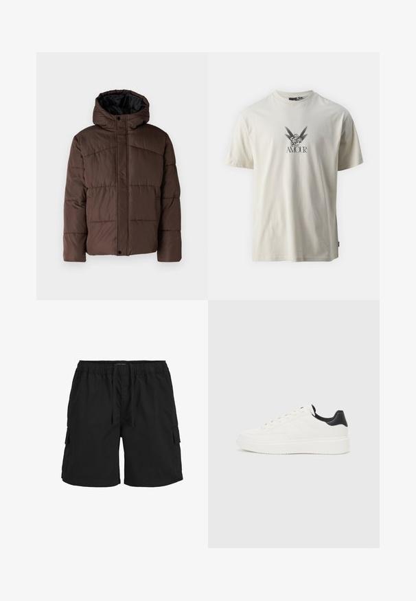 Veste matelassée marron avec capuche, présentant une texture matelassée, une fermeture à pression à l'avant et des poches latérales. Doublée de tissu noir.; T-shirt en coton couleur crème avec un design graphique d'un chérubin et des ailes, accompagné du mot "AMOUR" en texte noir sous l'image.; Shorts cargo noirs avec une taille élastique, un cordon de serrage, des poches latérales et un tissu texturé. Conçus pour le confort et l'utilité.; Sneakers en cuir blanc avec motif embossé, semelle intermédiaire texturée blanche et accent noir au talon. Présentent une pointe arrondie et des lacets plats.