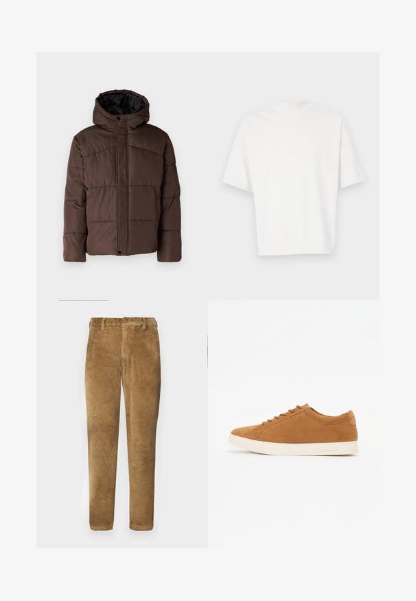 Brown padded jacket with a hood, featuring quilted texture, front snap closure, and side pockets. Lined with black fabric.; White short-sleeve t-shirt made of soft fabric. Round neckline, relaxed fit, and simple design without embellishments or patterns.; Brown corduroy pants with vertical ribbed texture, straight cut, button closure, and belt loops. Smooth fabric with a soft finish.; Brown suede sneakers with a low-top design, white rubber sole, and round toe. Features matching laces and minimal branding on the heel.