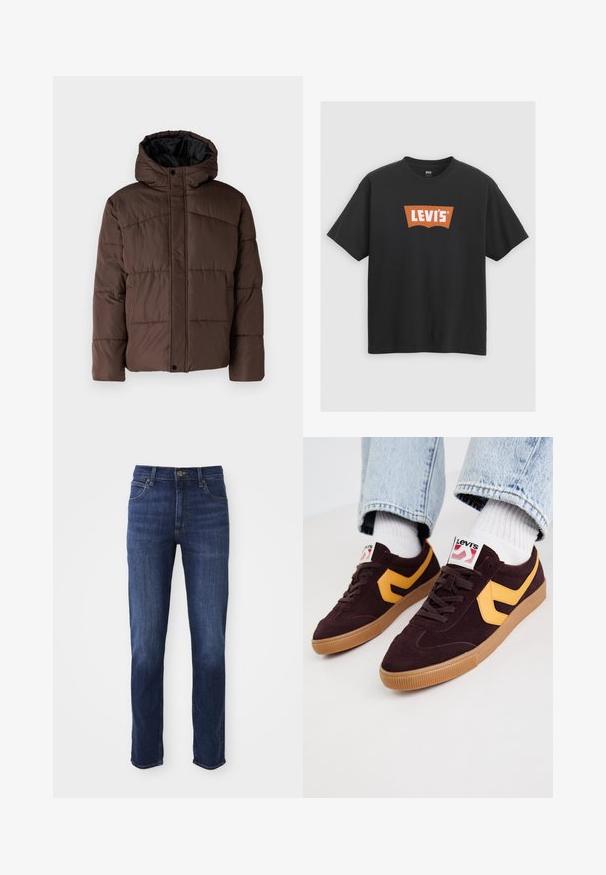 Bruine gewatteerde jas met capuchon, met een doorstikte structuur, voorzijde met drukknoopsluiting en zijzakken. Voering van zwarte stof.; Zwarte katoenen t-shirt met een groot oranje Levi's logo op de voorkant, korte mouwen en een ronde hals.; Donkerblauwe denim jeans met een rechte pasvorm, voorzien van een klassieke vijf-pocketontwerp en metalen knoopsluiting. Subtiele vervaging details op de stof.; Donker bordeauxsuède sneakers met gele leren accenten, rubberen gumzool en witte veters. Merken zichtbaar op de tong.