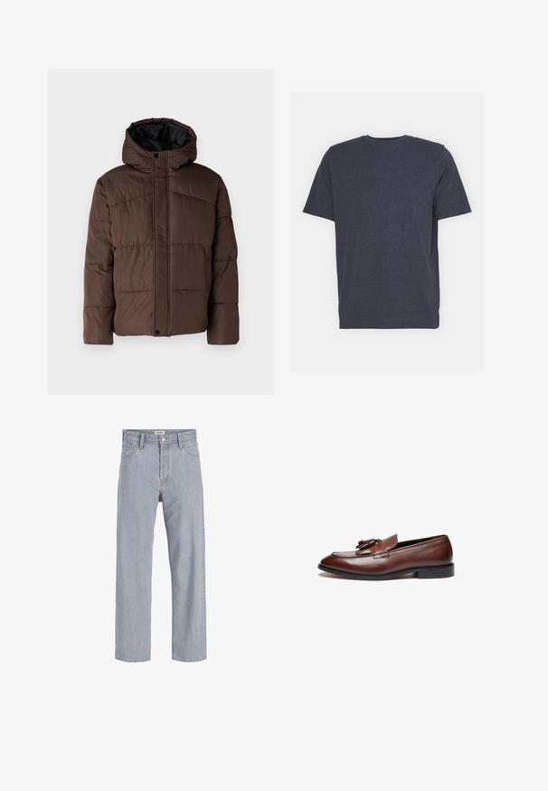 Giacca imbottita marrone con cappuccio, caratterizzata da una texture trapuntata, chiusura frontale con bottoni a pressione e tasche laterali. Foderata in tessuto nero.; T-shirt a girocollo blu navy realizzato in morbido tessuto misto cotone, con maniche corte e vestibilità regolare. Nessun motivo o accento visibile.; Jeans in denim azzurro chiaro con vestibilità rilassata, design a gamba dritta, cuciture visibili, due tasche frontali e chiusura con bottone.; Mocassini in pelle marrone con finitura liscia, nappe decorative, punta arrotondata e suola in gomma nera bassa.