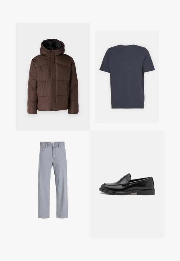 Brown padded jacket with a hood, featuring quilted texture, front snap closure, and side pockets. Lined with black fabric.; Navy blue crew neck t-shirt made of soft cotton blend fabric, with short sleeves and a regular fit. No visible patterns or accents.; Light blue denim jeans with a relaxed fit, straight leg design, visible stitching, two front pockets, and a button closure.; Black leather loafers with a rounded toe, stitched detail across the vamp, and a flat rubber sole for traction. Smooth texture throughout.