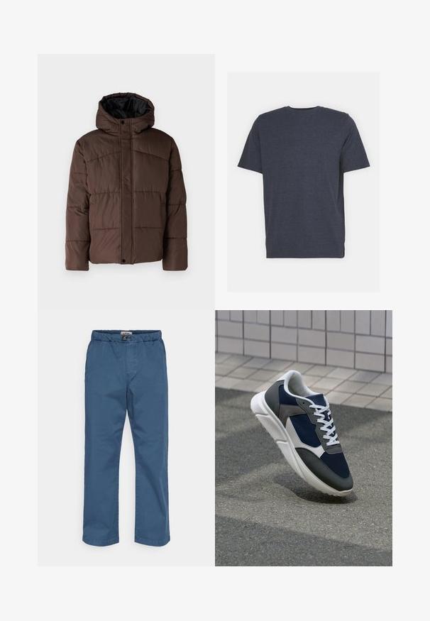 Rudas paminkštas džemperis su gobtuvu, turintis siuvinėtą tekstūrą, priekyje užsegamas mygtukais ir su šoniniais kišenėmis. Iš vidaus pamuštas juoda medžiaga.; Jūrų mėlynos spalvos apvalaus kaklo marškiniai, pagaminti iš minkštos medvilnės mišinio, su trumpomis rankovėmis ir įprastu kirpimu. Nėra matomų raštų ar akcentų.; Tamsiai mėlynos medvilnės chino kelnės. Yra elastingas juosmuo, tiesios kojos ir lygus paviršius. Nėra matomų raštų ar puošmenų.; Sportiniai bateliai su tamsiai mėlynu tinkliniu viršumi, pilkais zomšiniais akcentais, balta guma padanga ir plokščiomis baltomis raištelėmis, sukurti komfortui ir oro pralaidumui.