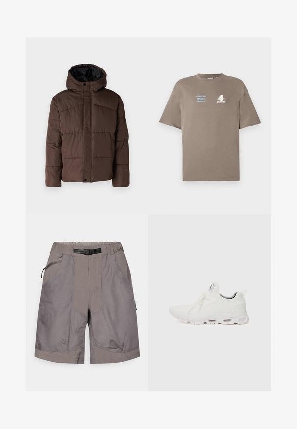 Brązowa pikowana kurtka z kapturem, z zapięciem na napy z przodu i bocznymi kieszeniami. Podszewka z czarnej tkaniny.; Brązowa bawełniana koszulka z okrągłym dekoltem. Na przodzie znajduje się niebieski napis "Universal Athletic Apparel" oraz biały logo "4th quarter". Krótkie rękawy.; Szare szorty outdoorowe z elastycznym pasem, wbudowanym czarnym regulowanym paskiem, przednią kieszenią na zamek błyskawiczny oraz dwiema bocznymi kieszeniami.; Białe buty sportowe z teksturowaną cholewką z dzianiny, płaskimi sznurowadłami oraz wyściełaną podeszwą z widocznymi komorami powietrznymi dla dodatkowego wsparcia.