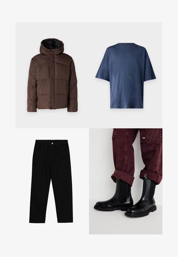 Pruun pehme vooder, millel on kapuuts, koos tikandsurvel tekstuuriga, eesnepp sulgemine ja küljetaskud. Vooder musta kangaga.; Tumesinine lühikeste varrukatega T-särk, valmistatud pehmest kangast, omab klassikalist ümarat kaelust ja mugavat lõiget, ilma nähtavate mustrite või aktsentideta.; Mustadest denimist püksid, millel on sirge jalg, viie tasku disain ja eesnupuga sulgur. Sile tekstuur koos minimaalsete õmblustega.; Steve Madden HIGHFLYER - Saapad - black