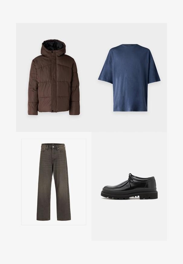 Pruun pehme vooder, millel on kapuuts, koos tikandsurvel tekstuuriga, eesnepp sulgemine ja küljetaskud. Vooder musta kangaga.; Tumesinine lühikeste varrukatega T-särk, valmistatud pehmest kangast, omab klassikalist ümarat kaelust ja mugavat lõiget, ilma nähtavate mustrite või aktsentideta.; Laia säärtega sinimustad teksad tumeda halli denimi, kõrge talje, klassikalise viie tasku disaini ning kontrastsete õmblustega õmblustel.; Mustad musta nahast derby kingad, millel on sujuv disain, ümar varvas ja tekstureeritud kummitald, millel on sügavad sooned haakumise tagamiseks.