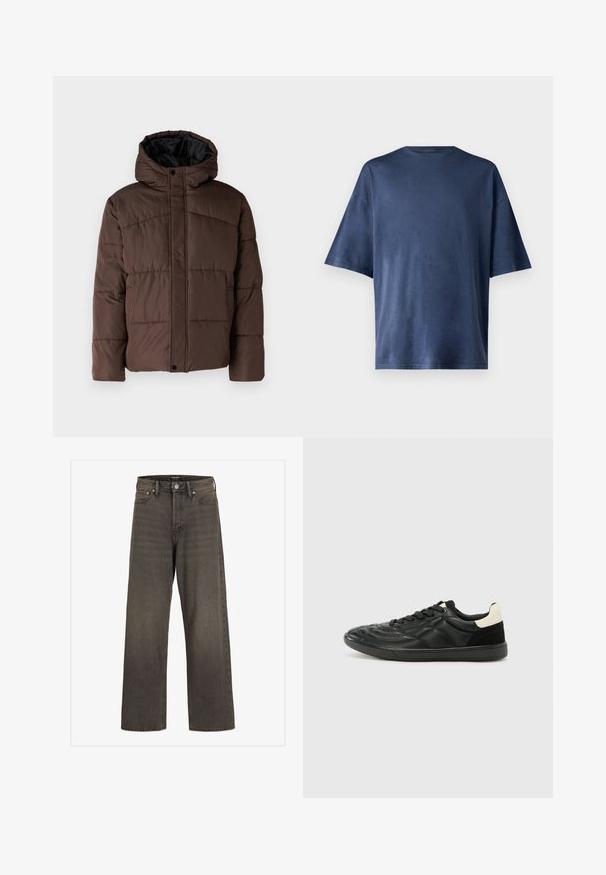 Brun polstret jakke med hette, med flettestruktur, frontlås med trykknapper og sidelommer. Fôret med svart stoff.; Marineblå kortermet T-skjorte, laget av myk stoff, har en klassisk rund hals og en avslappet passform, uten synlige mønstre eller aksenter.; Videbukser i mørkegrå denim, med høj talje, klassisk fem-lomme design og kontrasterende syninger langs sømmene.; ALDO THEPITCH - Joggesko - black