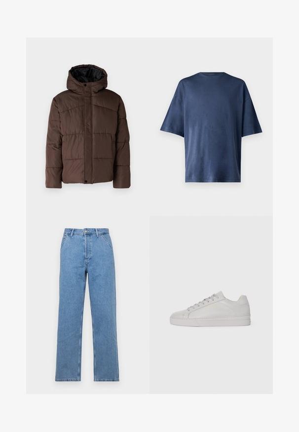 Braune gepolsterte Jacke mit Kapuze, mit gestepptem Muster, vorderem Druckknopfverschluss und seitlichen Taschen. Futter aus schwarzem Stoff.; Marineblaue Kurzarm-T-Shirt aus weichem Stoff, mit klassischen Rundhalsausschnitt und lockerer Passform, ohne sichtbare Muster oder Akzente.; Helle blaue Denim-Jeans mit geradem Bein und klassischem Fünf-Taschen-Design, ausgestattet mit einem vorderen Knopfverschluss und Gürtelschlaufen. Glatte Textur.; Hellgraue Leder-Sneaker mit glatter Textur, abgerundetem Zehenbereich, flacher Gummisohle und einfarbigen Schnürsenkeln. Verfügt über minimales Branding in Gold.