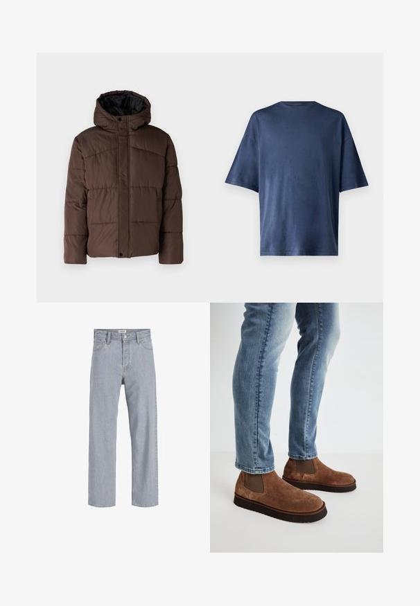 Bruine gewatteerde jas met capuchon, met een doorstikte structuur, voorzijde met drukknoopsluiting en zijzakken. Voering van zwarte stof.; Marineblauwe T-shirt met korte mouwen, gemaakt van zachte stof, heeft een klassieke ronde hals en een relaxed fit, zonder zichtbare patronen of accenten.; Lichtblauwe denim jeans met een relaxed fit, rechte pijpen, zichtbare stiksels, twee voorzakken en een knoopsluiting.; Bruine suède enkellaarsjes met elastische zijpanelen, dikke zwarte rubberen zolen, gedragen met lichtblauwe slim-fit jeans.