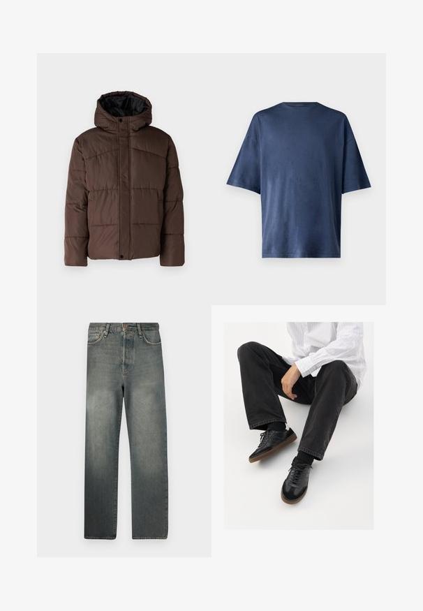 Pruun pehme vooder, millel on kapuuts, koos tikandsurvel tekstuuriga, eesnepp sulgemine ja küljetaskud. Vooder musta kangaga.; Tumesinine lühikeste varrukatega T-särk, valmistatud pehmest kangast, omab klassikalist ümarat kaelust ja mugavat lõiget, ilma nähtavate mustrite või aktsentideta.; Jack & Jones JJIALEX JJCOOPER - Baggy fit teksad - black denim; Mustad spordijalatsid siledast ja tekstuurilisest ülemisest osast, millel on kummist tald ja tumedad nöörid. Kombineeritud mustade teksade ja valge triibulise särgiga.