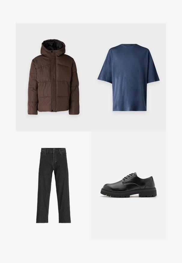 Veste matelassée marron avec capuche, présentant une texture matelassée, une fermeture à pression à l'avant et des poches latérales. Doublée de tissu noir.; T-shirt navy bleu à manches courtes, fabriqué en tissu doux, présente un col rond classique et une coupe décontractée, sans motifs ni accents visibles.; Jean en denim noir avec une coupe droite, dotée d'une fermeture éclair, de passants de ceinture et de six poches, confectionnée dans un tissu en coton robuste.; Chaussures en cuir noir avec un bout rond, un laçage et une semelle en caoutchouc épaisse et texturée. Présente des coutures le long du bord et une finition lisse.