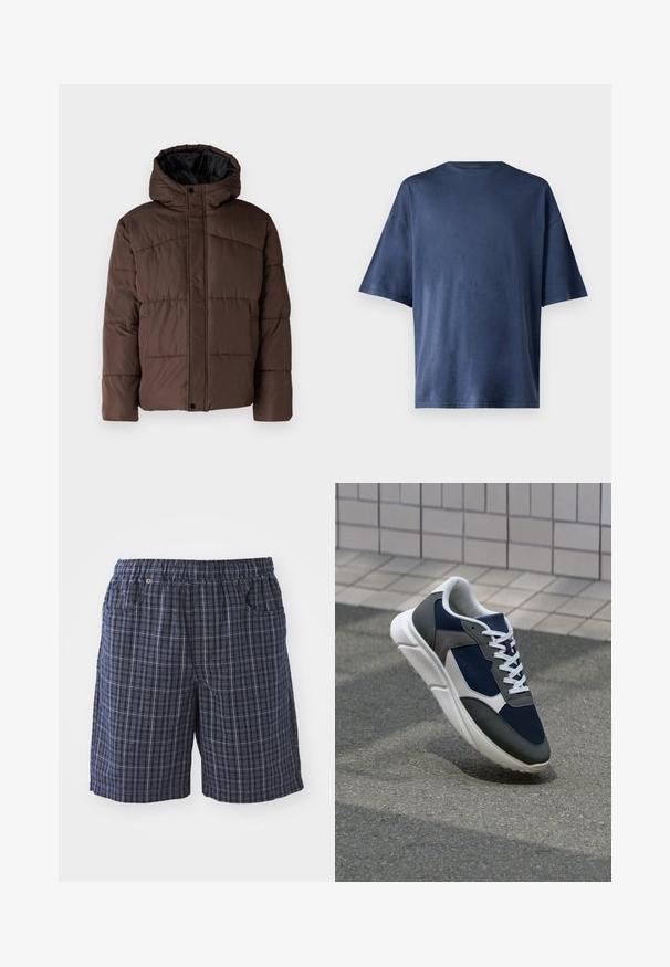 Brown padded jacket with a hood, featuring quilted texture, front snap closure, and side pockets. Lined with black fabric.; Navy blue short-sleeve T-shirt, made of soft fabric, features a classic crew neck and relaxed fit, with no visible patterns or accents.; Navy plaid shorts with an elastic waistband, featuring pockets and a loose fit. Made of lightweight fabric with a checkered design.; Sneaker featuring a navy blue mesh upper, gray suede accents, white rubber sole, and flat white laces, designed for comfort and breathability.