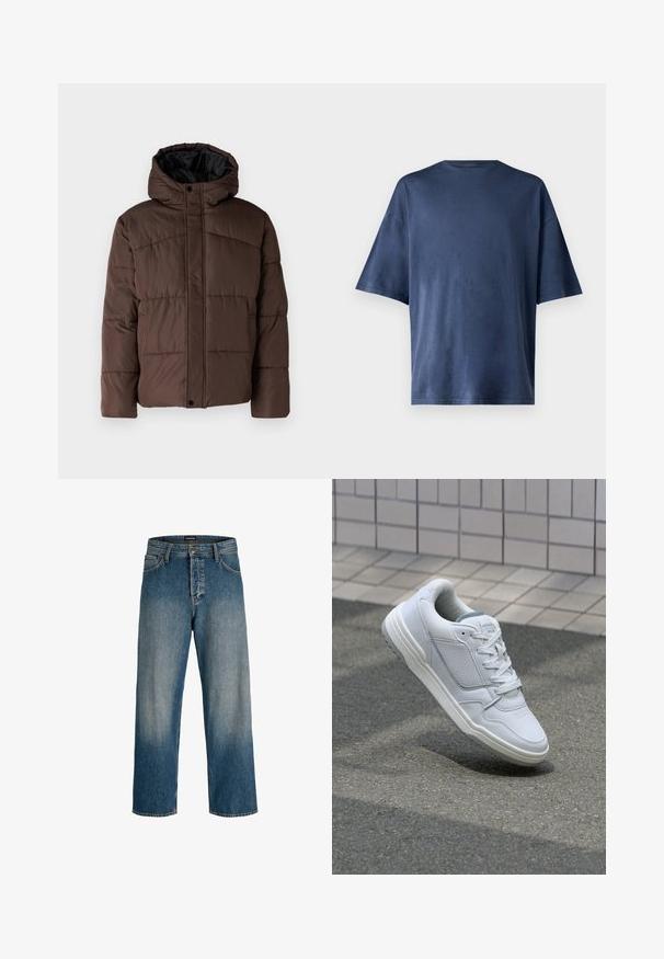 Smešasti smeđi kaput s kapuljačom, sa prošivenom teksturom, prednjim kopčanjem na dugmad i bočnim džepovima. Podstavljen crnom tkaninom.; Mornarsko plava kratka majica s kratkim rukavima, izrađena od mekog materijala, ima klasičan okrugli izrez i ležeran kroj, bez vidljivih uzoraka ili naglasaka.; Plave traperice s opuštenim krojem, ravnim nogavicama, suptilnim svjetlim izbljeđivanjem i oznakom branda na pojasu za detalj.; Bijele kožne tenisice s perforiranim bočnim dijelovima, teksturiranim akcentima, ravnim vezicama i kontrastnim sivim petom. Imaju blago povišenu potplat.