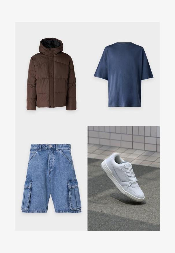 Rjava podložena jakna s kapuco, z nagubanimi teksturami, sprednjim zapiranjem na zaponko in stranskimi žepi. Oblazinjena z črno tkanino.; Temno modra kratka majica s kratkimi rokavi, izdelana iz mehkega materiala, ima klasičen kroj ovratnika in sproščen fit, brez vidnih vzorcev ali poudarkov.; Modri denim kratki hlače z visokim pasom, več dodatnih žepov na straneh in klasičnim pet-imamnim dizajnom. Kamnito oprane teksture.; Bela usnjena superga s perforiranimi stranicami, teksturiranimi detajli, ravnimi vezalkami in kontrastno sivo peto. Ima rahlo dvignjen podplat.