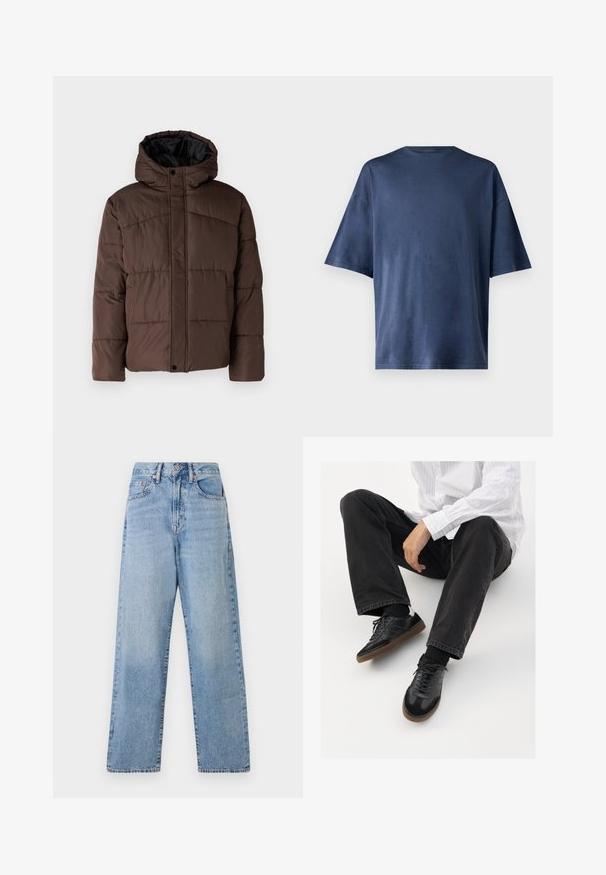 Rudas paminkštas džemperis su gobtuvu, turintis siuvinėtą tekstūrą, priekyje užsegamas mygtukais ir su šoniniais kišenėmis. Iš vidaus pamuštas juoda medžiaga.; Tamsiai mėlynas trumpomis rankovėmis marškinėliai, pagaminti iš minkštos medžiagos, pasižymi klasikinio apvalaus kaklo ir laisvo kirpimo, be matomų raštų ar akcentų.; Šviesiai mėlynos džinsinės plačioju kojų kelnės su aukštu liemeniu, penkiais kišenėmis ir subtiliu nusidėvėjimu. Yra vario mygtukai ir nuleidimo detalės.; Juodi sportbačiai su lygiu ir tekstūruotu paviršiumi, turi guminį padas ir tamsias raištelius. Suderinti su juodomis džinsais ir balta juostuota marškinėliais.