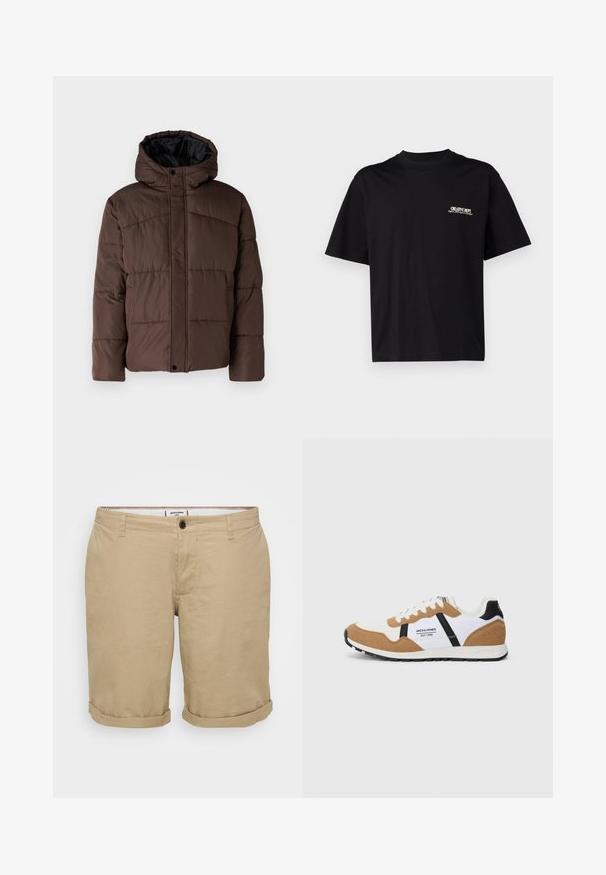 Braune gepolsterte Jacke mit Kapuze, mit gestepptem Muster, vorderem Druckknopfverschluss und seitlichen Taschen. Futter aus schwarzem Stoff.; Schwarzes Baumwoll-T-Shirt mit kurzen Ärmeln, Rundhalsausschnitt und Druck auf der linken Brustseite in weißem und goldenem Text, mit einem entspannten Schnitt.; Helle khakifarbene Shorts mit geradem Schnitt, aus Baumwolle. Verfügt über einen einzelnen Frontknopf, seitliche Taschen und hochgekrempelte Säume.; Retro-Sneaker mit weißen, hellbraunen Wildlederelementen, schwarzen Akzenten, weißen Schnürsenkeln und dem "Jack & Jones EST. 1990"-Logo an der Seite.