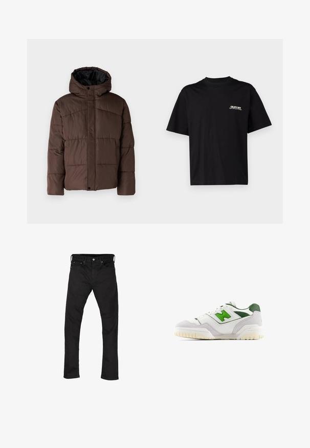 Ruskea vuorattu takki hupulla, jossa on kirjailtu pinta, etupainikkeet ja sivutaskut. Vuorattu mustalla kankaalla.; Mustat puuvillaiset t-paidat lyhyillä hihoilla, pyöreä kaula-aukko ja edessä vasemmalla rintapuolella valkoisella ja kullalla painatus, jossa on rento malli.; Mustat slim-fit farkut, joissa on viisi taskua ja nappikiinnitys, aseteltuna tasaisesti valkoista taustaa vasten.; Valkoiset tennarit vihreillä yksityiskohdilla, valmistettu nahasta ja mokasta. Ominaisuuksiin kuuluu teksturoitu päällinen, pehmustettu varsi ja kumipohja, jossa näkyvät urat.