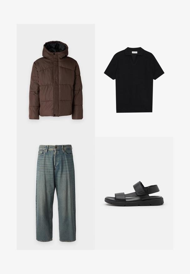 Brązowa pikowana kurtka z kapturem, z zapięciem na napy z przodu i bocznymi kieszeniami. Podszewka z czarnej tkaniny.; Czarna koszulka polo z krótkim rękawem, wykonana z teksturowanej, prążkowanej tkaniny, z dekoltem w kształcie litery V i prostym zakończeniem. Bez widocznych logo ani wzorów.; Jasnoniebieskie dżinsy o luźnym kroju, średnim stanie i prostych nogawkach. Posiadają pięć kieszeni, szlufki na pasek oraz zapięcie na guzik.; Czarne skórzane sandały z dwiema szerokimi paskami, regulowanym paskiem wokół kostki oraz masywną czarną gumową podeszwą z charakterystycznymi rowkami.