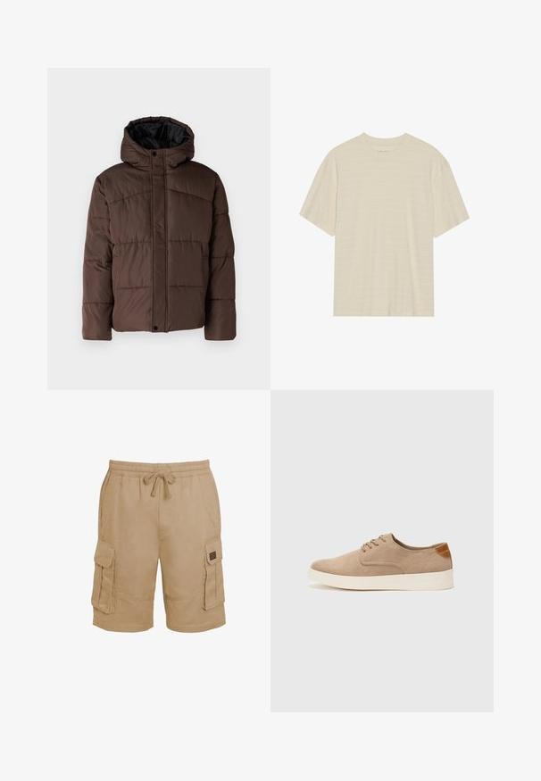 Veste matelassée marron avec capuche, présentant une texture matelassée, une fermeture à pression à l'avant et des poches latérales. Doublée de tissu noir.; T-shirt crème à manches courtes avec une texture rayée subtile et un col rond, fabriqué en tissu léger.; Shorts cargo en coton beige avec une taille élastique, un cordon de serrage et plusieurs poches latérales. Tissu texturé avec des accents cousus.; Baskets en daim beige avec un embout arrondi, un laçage sur le devant et un accent texturé à l'arrière. La semelle en caoutchouc blanche offre un contraste. Design simple et moderne.