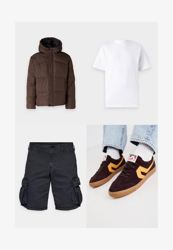 Rjava podložena jakna s kapuco, z nagubanimi teksturami, sprednjim zapiranjem na zaponko in stranskimi žepi. Oblazinjena z črno tkanino.; Bela majica s kratkimi rokavi iz bombaža z okroglim izrezom, ki ima gladko teksturo in preprost dizajn brez vzorcev ali poudarkov.; Črne cargo kratke hlače iz bombaža z več stranskimi žepi, zadrgo in obročki za pas. Imajo trpežno tkanino z vidnimi šivi.; Temno burgundski semiš čevlji z rumenimi usnjenimi detajli, gumijastim podplatom v barvi gume in belimi vezalkami. Blagovna znamka vidna na ježku.